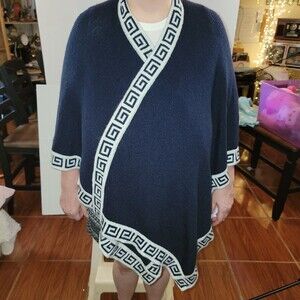 Heavy Navy Blue Wrap Shawl w/ White Geometric Trim One Size Fits All Reversible